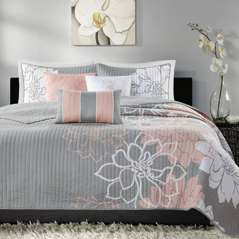 Courtepointe en coton imprimé 6 pièces, gris / pêche, double / grand, réversible, motif floral, rembourrage doux, pièce de coussins décoratifs avec coussins, coton, conception réversible, literie chaleureuse et tendance