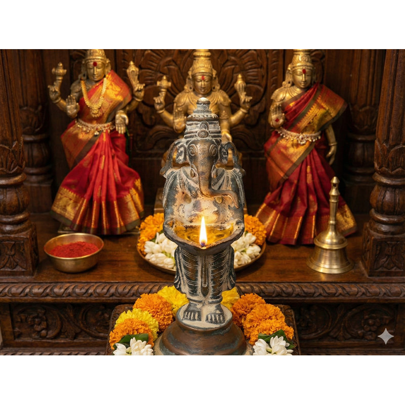 5" Handmade Brass Ganesha Oil Lamp Auspicious Standing Figure Indian Home Decor Lighting, Antique