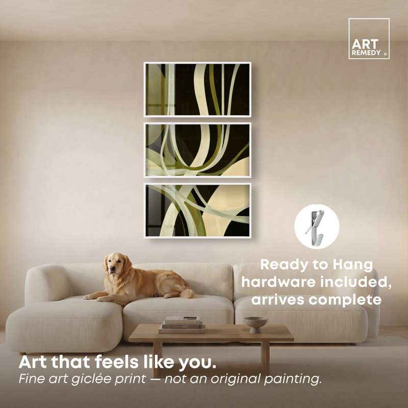 Ensemble d'art mural bohème moderne Olive Ribbons I Shadowbox Print par Art Remedy, cadre blanc, 44 x 22, 23.5"H x 45.5"W