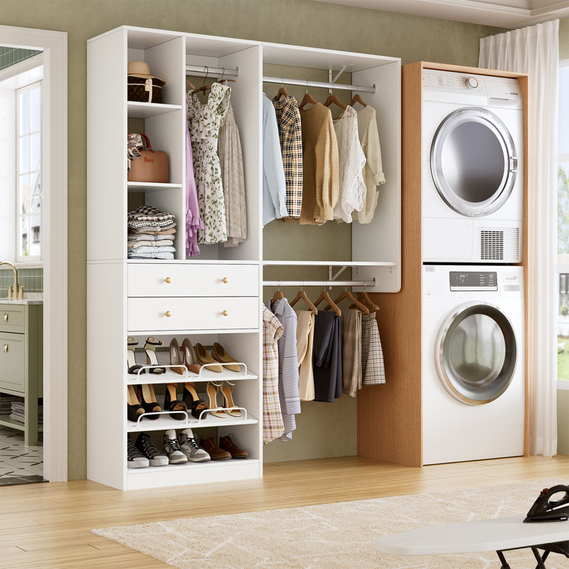 Système de rangement pour garde-robe de 5 pi avec tiroirs, système de rangement pour garde-robe de 96 po avec porte-chaussures, 3 tringles de suspension, support à vêtements mural pour garde-robe de chambre à coucher