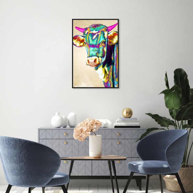 «Colorful Glam Cow», reproduction de peinture acrylique sur toile tendue, H 30 po x l 20 po, Cadre noir