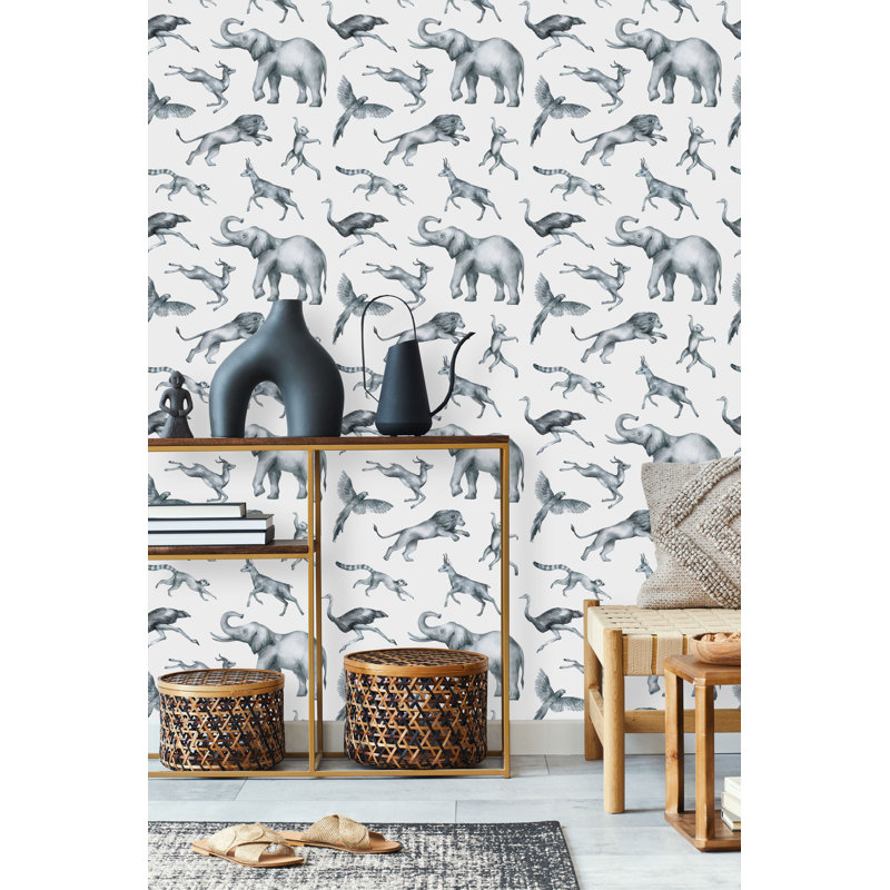Grey Exotic Animals On White Background Wallpaper T1036, 18.75" W x 25" L, Vinyl