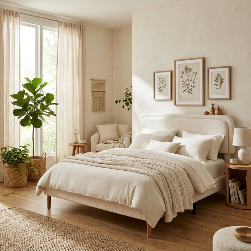 Structure de lit rembourré douillet Cozy Teddy, lit plateforme beige moderne avec tête de lit réglable en hauteur à 3 niveaux