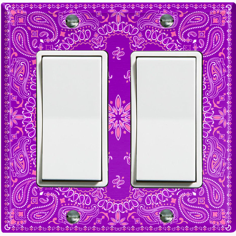 Metal Light Switch Plate Outlet Cover (Purple Paisley Bandana Circle Black Tile   - Single Toggle)