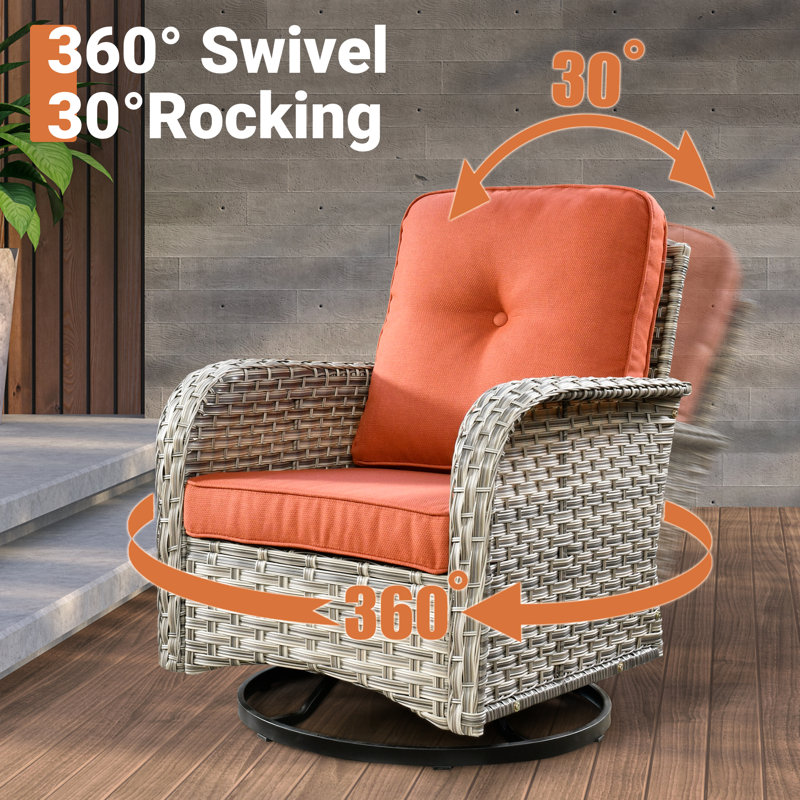 Emroy 2 - Person Outdoor Wicker Swivel Chairs with Side Table, All Weather High Back Rattan Chairs 2-Seater with Comfy Cushions