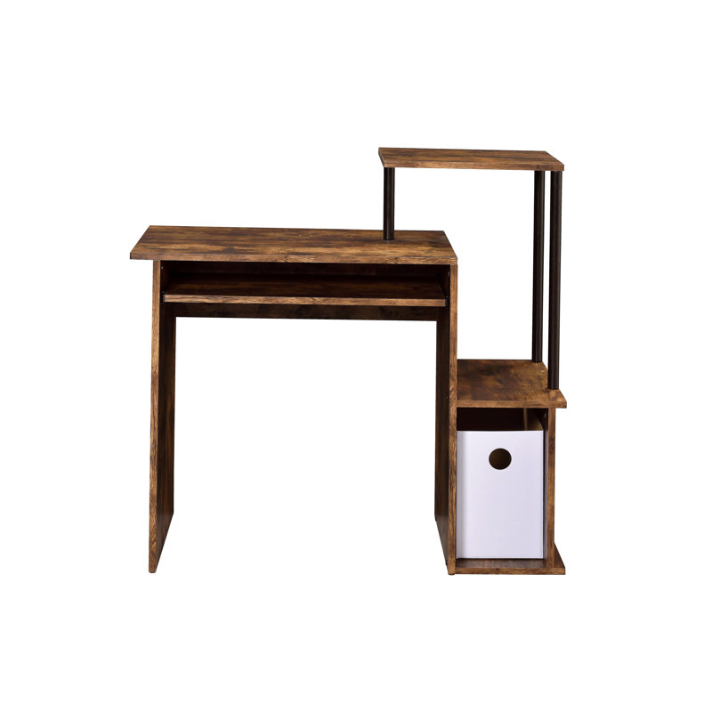 Bureau d'ordinateur avec plateau à clavier et tablettes ouvertes, Brun / Noir