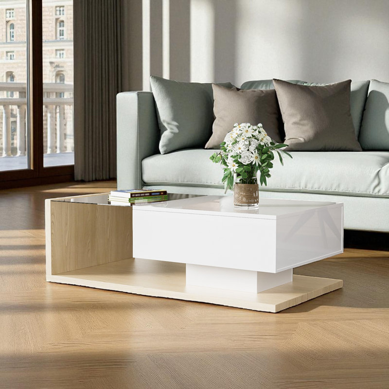 Table basse Flora avec plateau brillant, éclairage DEL et rangement, Blanc, bois