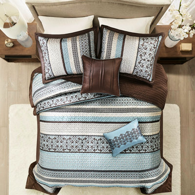 Couvre-lit réversible 5 pièces en bleu - Motif géométrique grand format 100% brun uni revers 2 coussins décoratifs