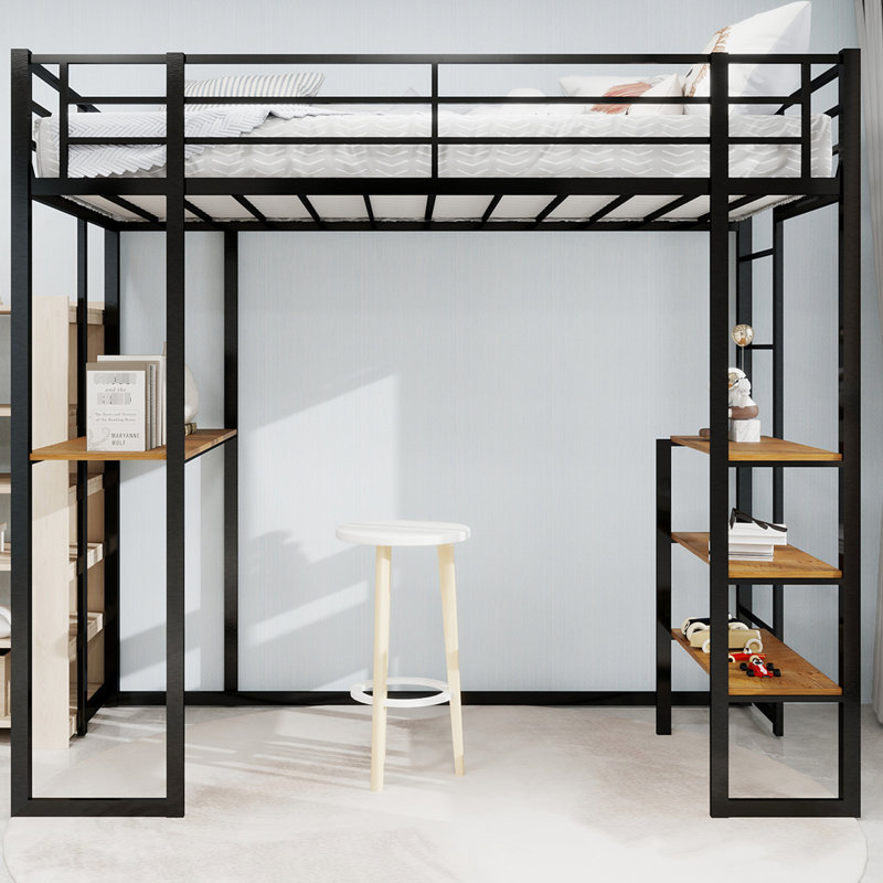 Lit simple à structure en fer avec bureau en forme de L et escalier en noir, pour la chambre à coucher, peu encombrant et facile à installer