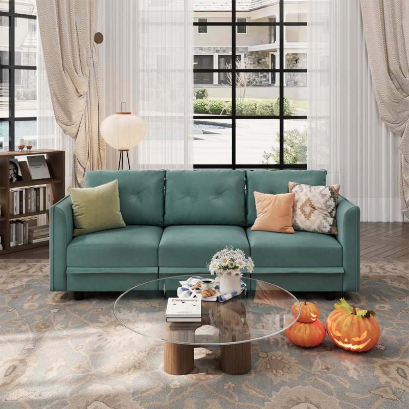 Canapé modulaire à accoudoirs courbés 85 po avec rangement Zendajas, Mélange de polyester vert sarcelle