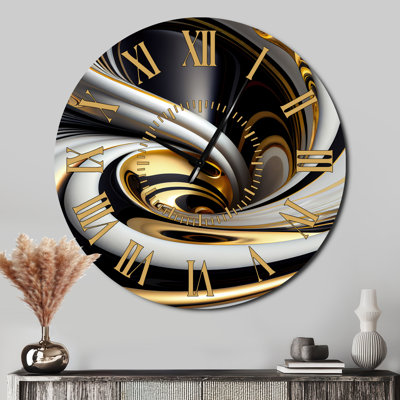 Gold Black And White Stained Glass I - Modern Golden Face Wall Clock