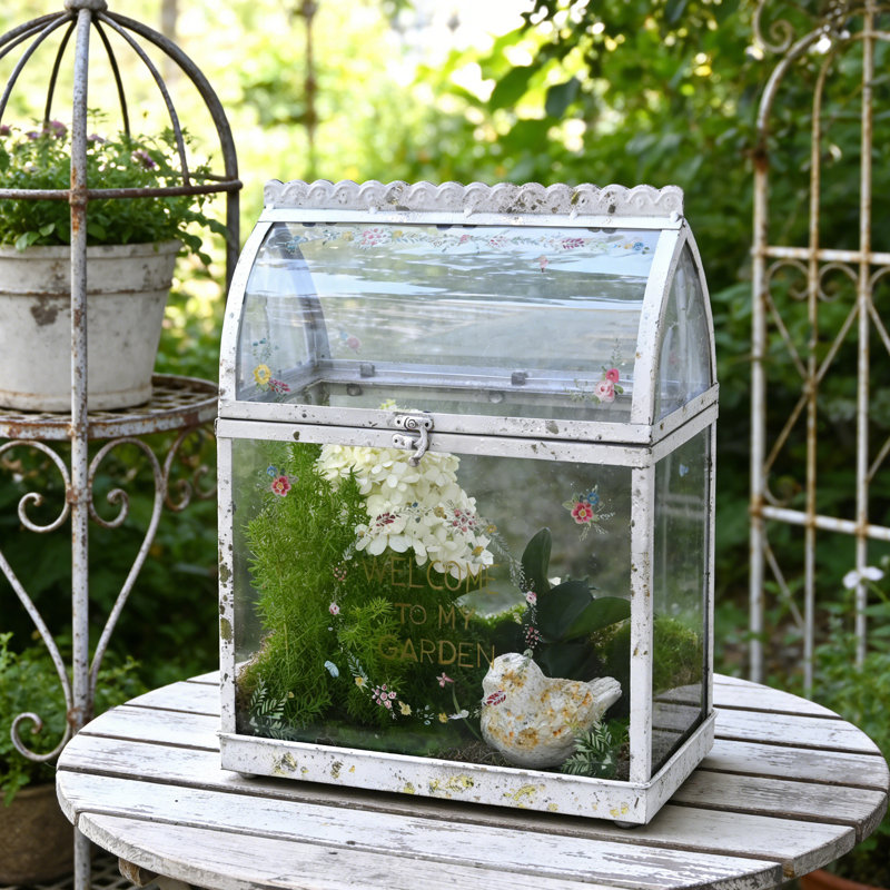Vintage Glass Terrarium - Rustic Tabletop Mini Greenhouse for Succulents, Air Plants, Fern Moss - Farmhouse Home Decor Accent for Living Room, Mantel