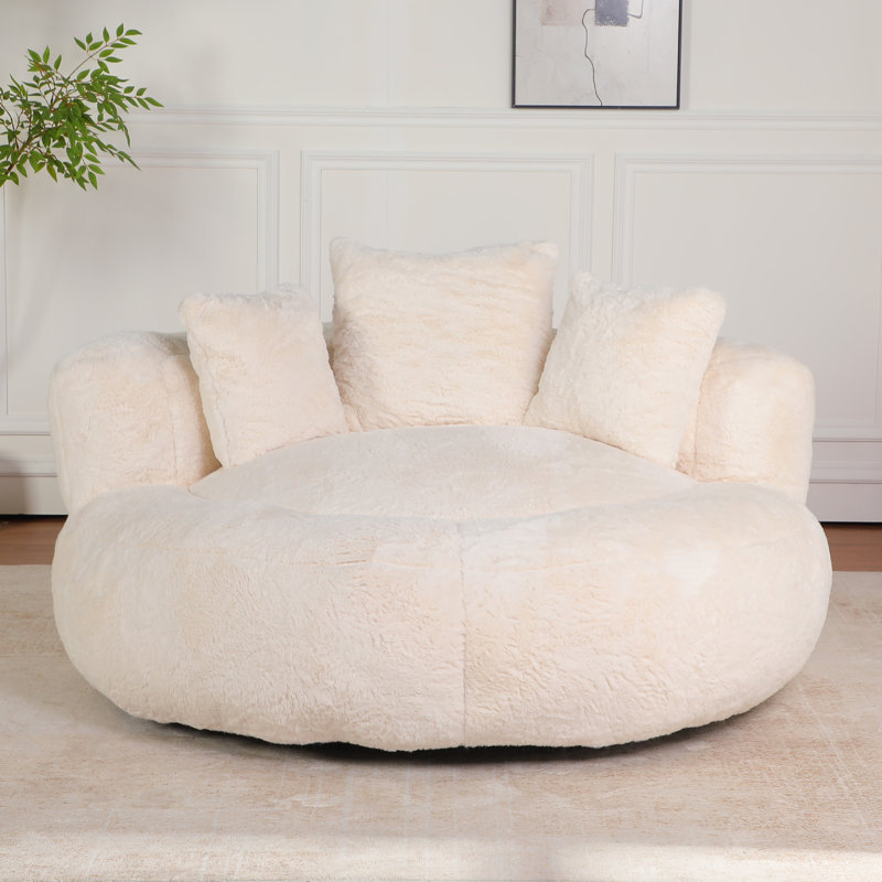55" W Giant Adult Round Faux Fur Foam Filled Bean Bag Compression Sofa With 3 Back Pillows,No Assembly, White Faux Leather