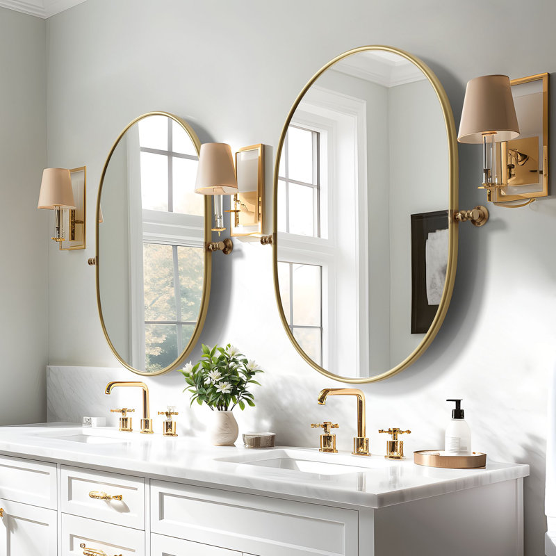 Metal Oval Wall Mirrors with Tilted Frame, 32" x 23", Gold