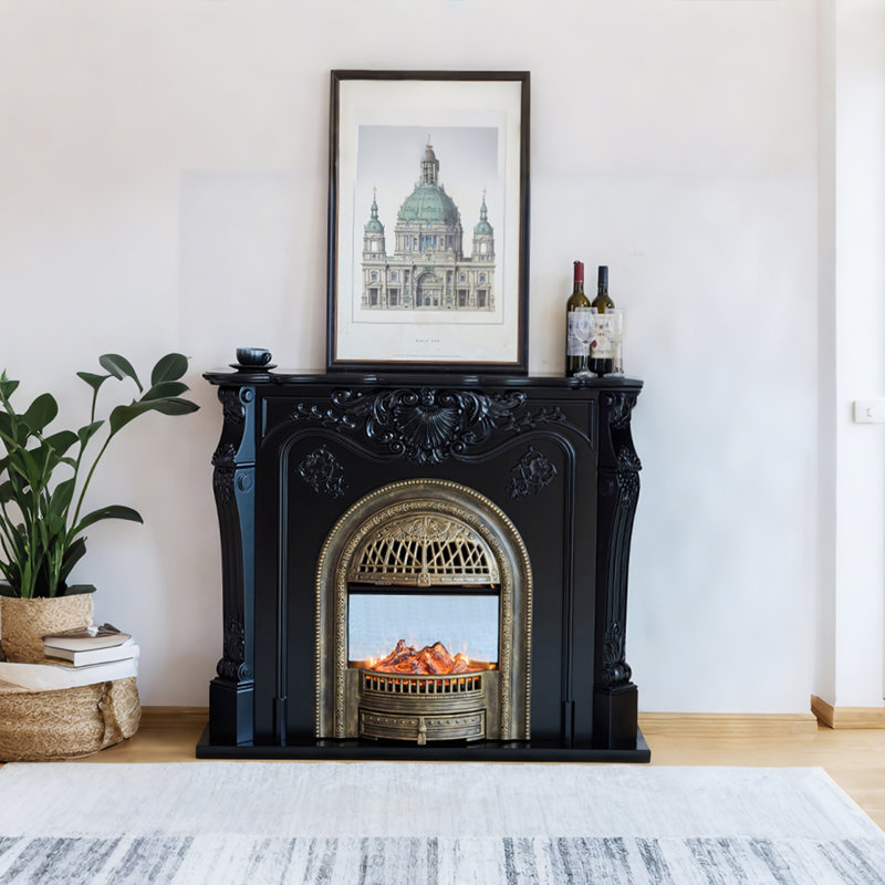 47.24"Black Modern Minimalist Solid Wood Simulated Flame Heating Electric Fireplace, Black, 43.31" H x 47.24" W x 13.78" D