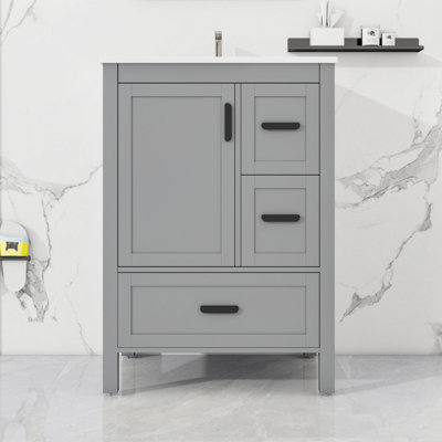 Meuble-lavabo moderne avec lavabo en céramique, 3 tiroirs et armoire à fermeture en douceur