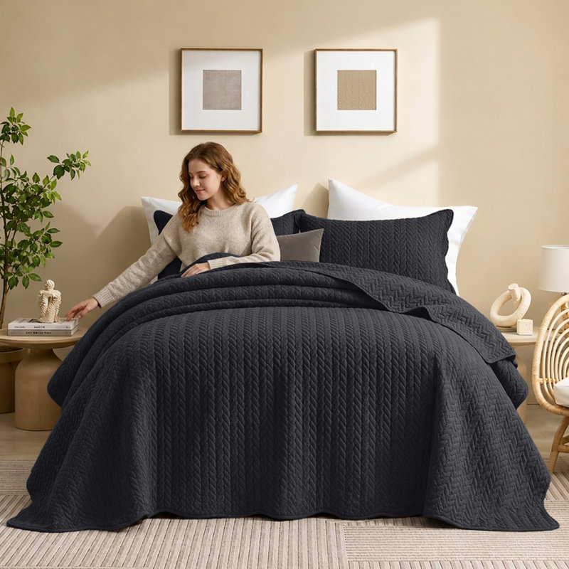 Microfiber Embossed Oversized Modern & Contemporary Bedspread Set With Shams, California King Bedspread + 2 Pillowcases