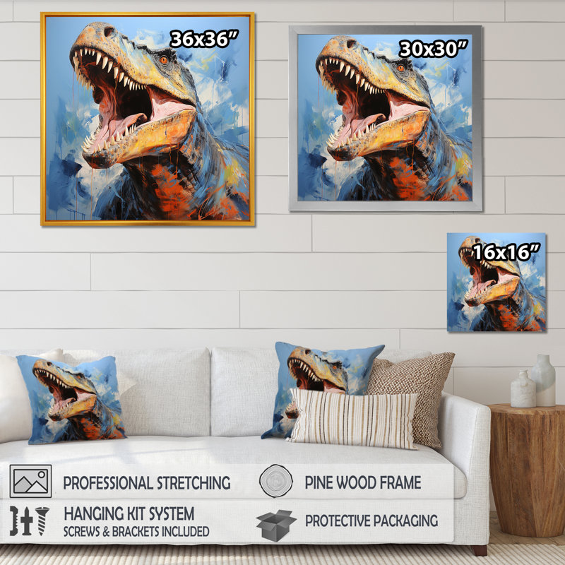 Chasseurs de dinosaures bleus - art de mur de dinosaure, H 36 po x l 36 po x P 1,5 po, Cadre flottant doré