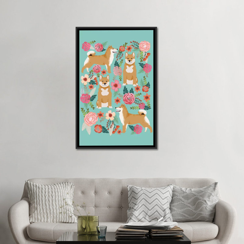 Collage floral shiba shiba, impression sur toile tendue, Toile avec cadre noir, Pas de tapis, H 48 po x l 32 po x P 1,5 po