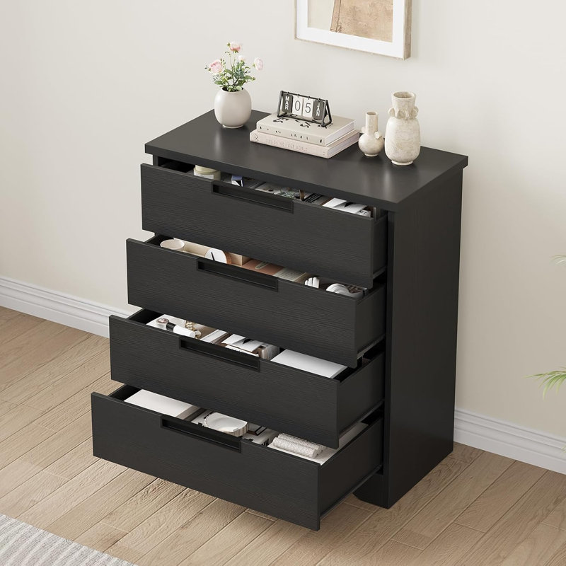 Commode 4 tiroirs en bois noir avec rangement intégré