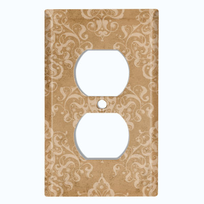 Metal Light Switch Plate Outlet Cover (Elegant Damask Brown Pattern White  - Single Toggle)