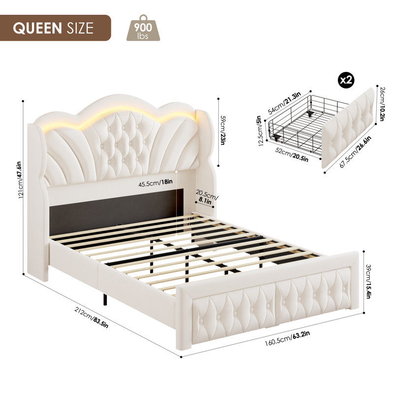 Lit rembourré en velours avec rangement Mouad, Beige, Grand