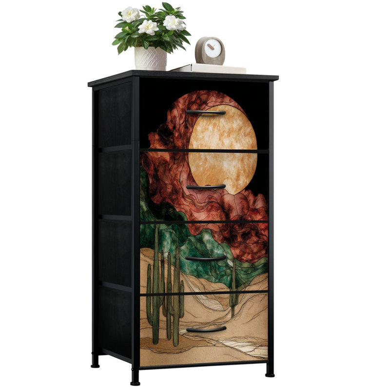Commode Western pour chambre à coucher avec 4 tiroirs de rangement Majestic Gothic Desert Scène Commodes de couleur sable Commode en tissu avec cadre en acier pour vestibule