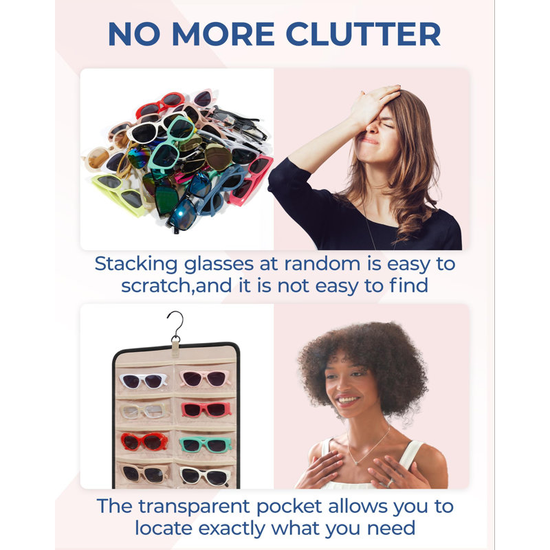 Étui de rangement à l'épreuve de la poussière pour lunettes de soleil à fixation murale, étui à lunettes de voyage double face, porte-lunettes avec 32 fentes transparentes et crochet en métal, noir