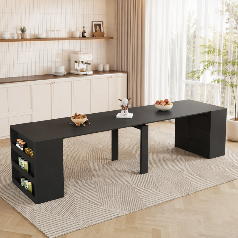 Table de salle à manger extensible pliable pour 1 à 10 personnes, console multifonctionnelle en bois extensible, Black, Black