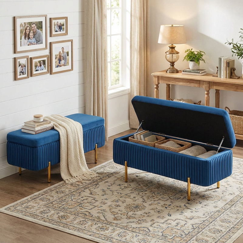 Leaysia Velvet Upholstered Flip Top Storage Bench, Blue