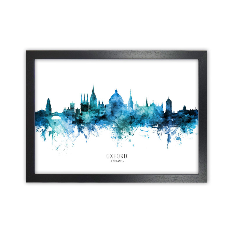 Oxford England Skyline Blue City Name by Michael Tompsett - Print, Black Framed, 46cm H x 63cm W x 3cm D