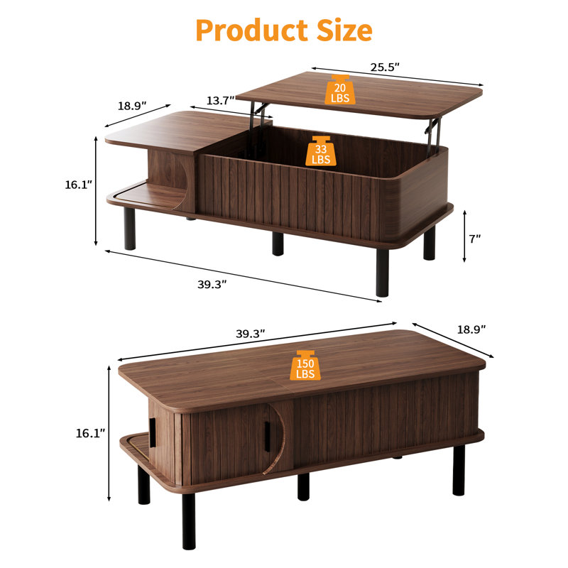 39" Lift Top Coffee Table, Fluted Modern Rectangle Center Table With Hidden Storage Space, Wood Living Room End Table With Sliding Door, For Home Office, Small Space