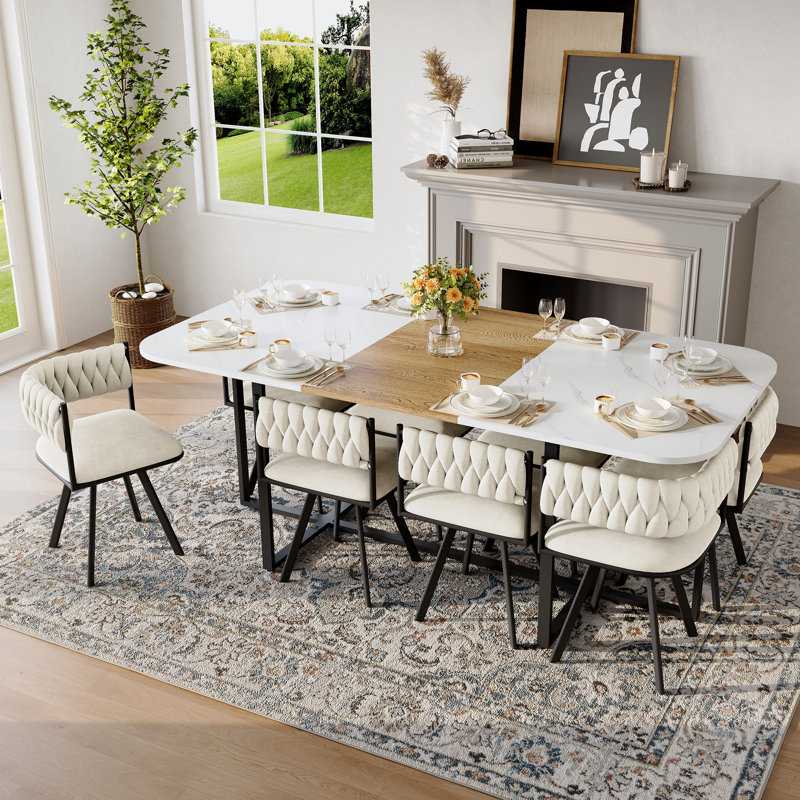 Ensemble de table de salle à manger spacieux 9 pièces, en bois aggloméré durable et en velours, élégance moderne pour la famille
