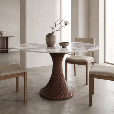 Modern Sintered Stone Round Dining Table For 4-10 With Dark Walnut Solid Wood Pedestal Base - "Happy Line"  Design