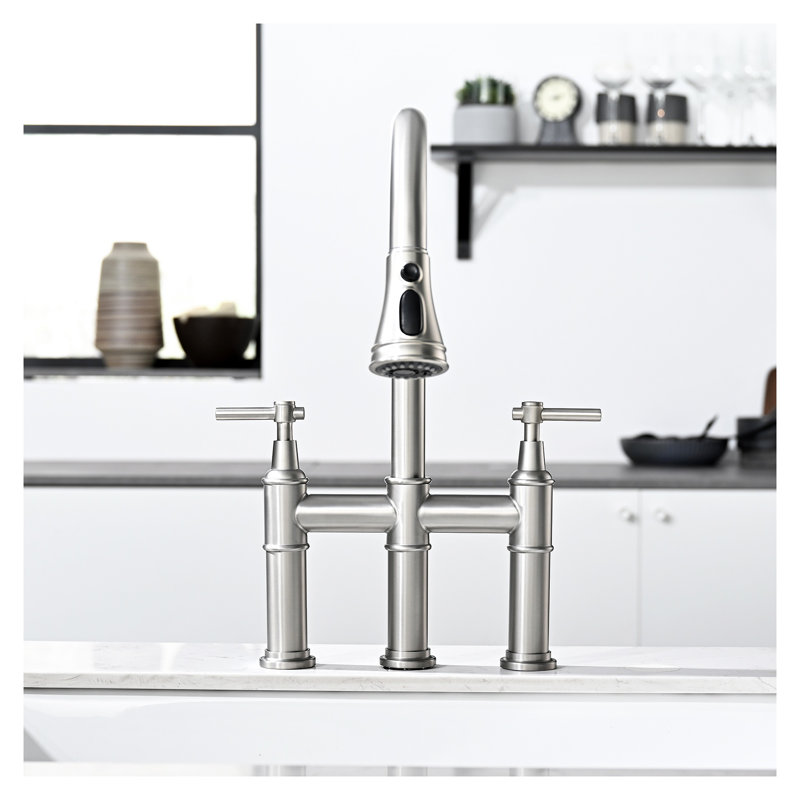 3-Hole Bridge Kitchen Faucet with Pull-Down Sprayer in Brushed Nickel