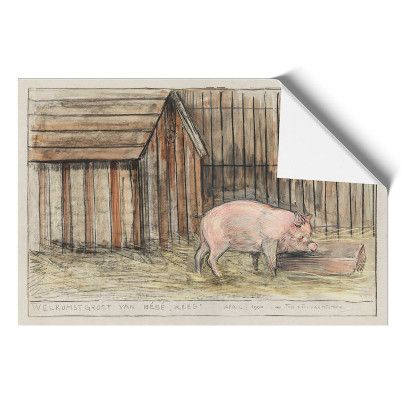 Pig In A Farm by Theo Van Hoytema - Painting, 42cm H x 59cm W x 0.1cm D, Unframed