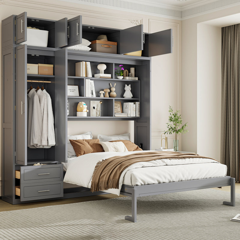 Lit escamotable mural avec rangement pour garde-robe et armoire supérieure, Gris