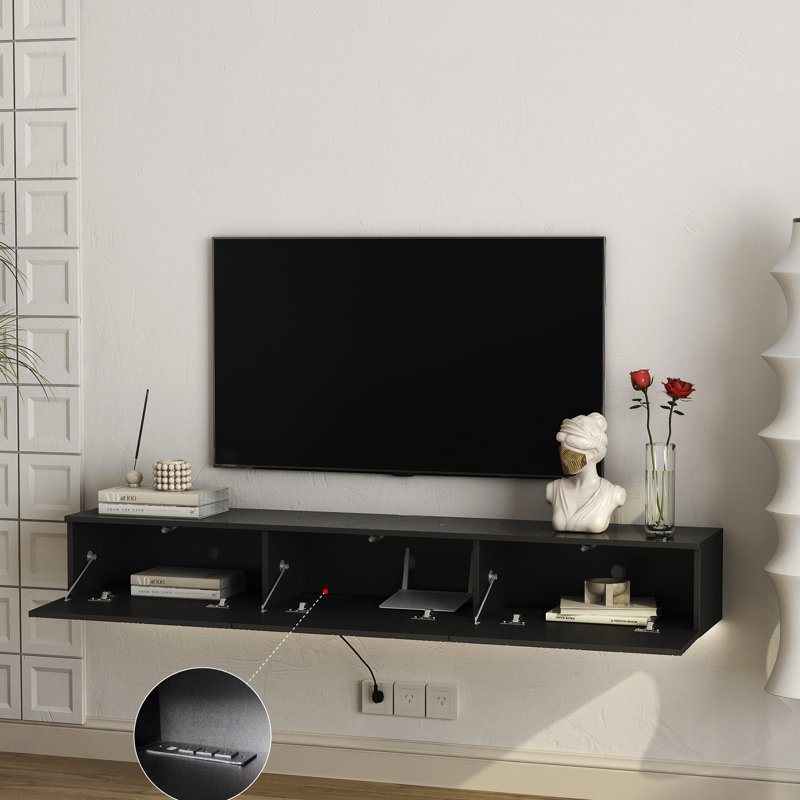 Meuble télé mural flottant avec 16 couleurs, support moderne de 67 po pour téléviseurs 55 60 et 65 po, console de style noir