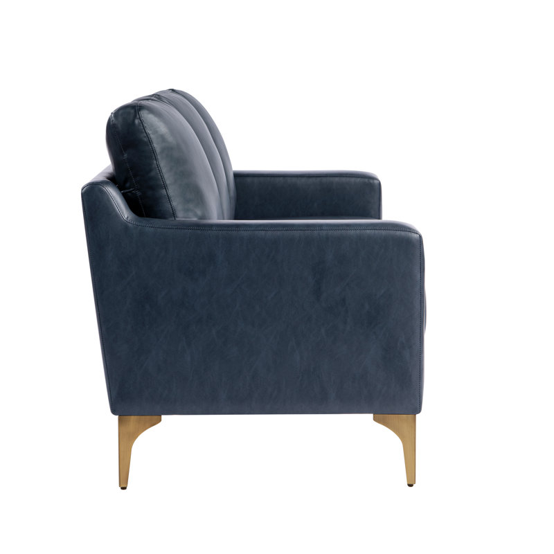 Turner 78" Wide Upholstered Square Arm Sofa with Metal Legs, Navy Blue Faux Leather, Brushed Bronze