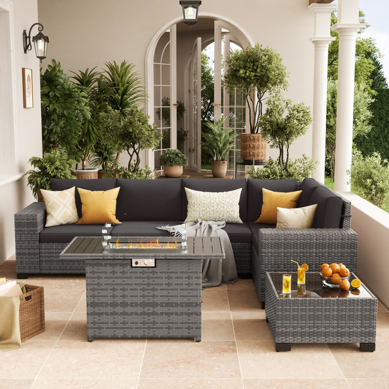 Ensemble de conversation modulaire en rotin pour 5 personnes avec foyer extérieur, Coussin noir / structure grise