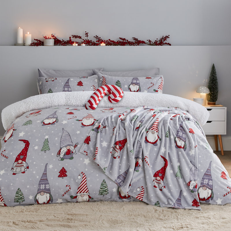 Christmas Festive Gnomes Cosy Fleece Duvet Cover Set, Single Duvet Cover Set + 1 Standard Pillowcase, Grey