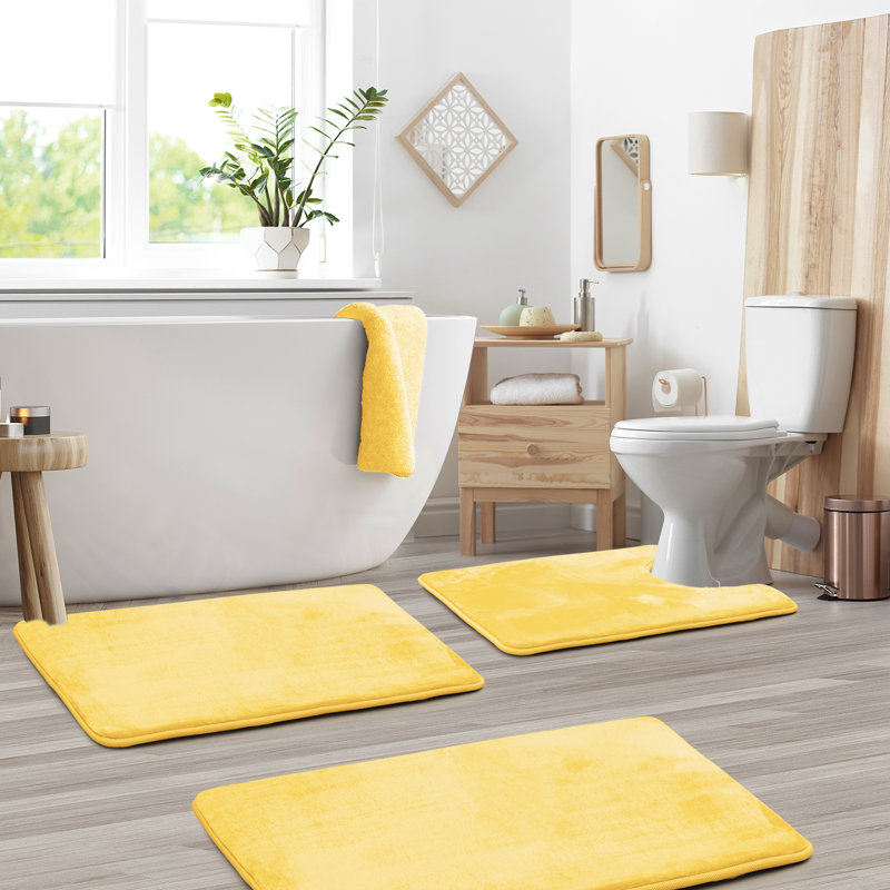 Aighan 3 Piece Ultra Soft and Absorbent Memory Foam Bath Rug Set with Non-Slip Backing, Custard Mellow Yellow