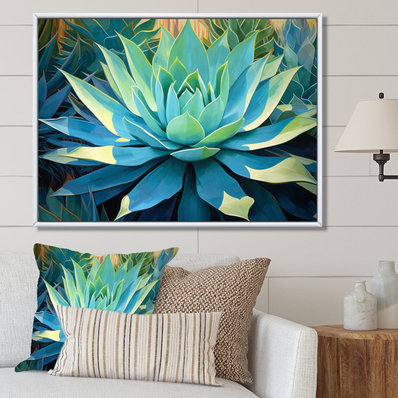«Green Succulents Majestic Agave II - Succulent», art mural, H 16 po x l 32 po x P 1 po, Cadre flottant blanc