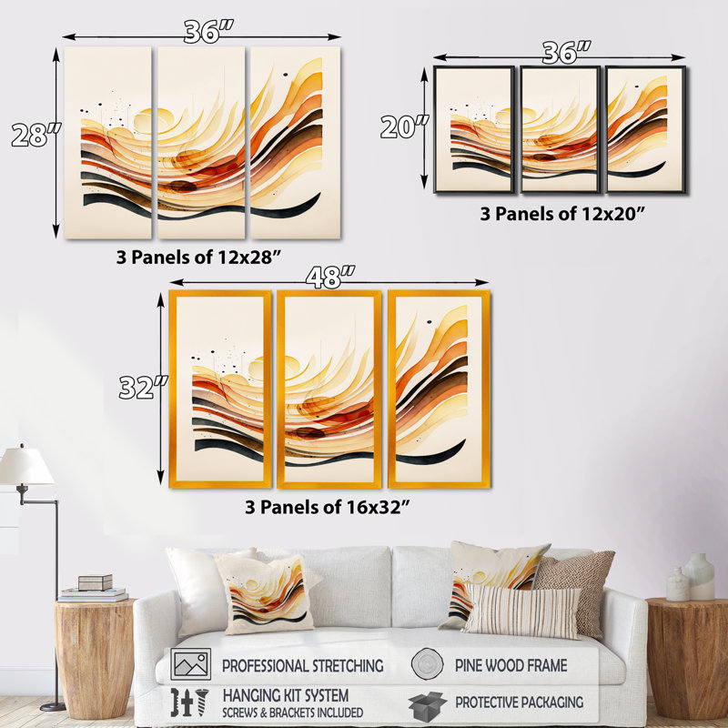 «Burnt Orange Waves Abstract IV», ensemble d'art mural moderne sur toile, H 32 po x l 48 po x P 1 po, Encadré naturel