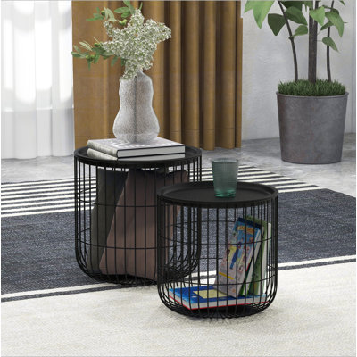 Nesting Coffee Tables, Round Coffee Table Set Of 2 With Steel Wired Basket Body And Removable Top, Stacking End Tables Blanket Storage For Living Room by George Oliver