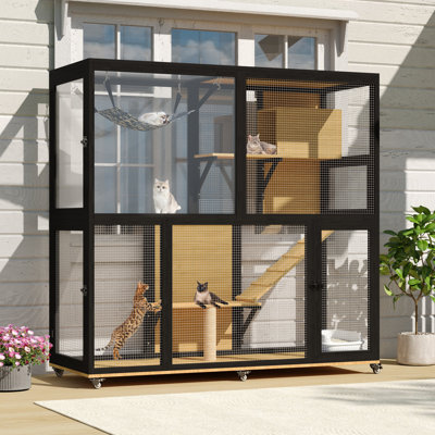 Grande cage à 4 niveaux en bois sur roulettes, cage mobile d'extérieur pour plusieurs chats, terrasse pour chat avec toit imperméable et ensoleillé, 4 portes d'accès, boîte de repos et hamac pour chat, noir