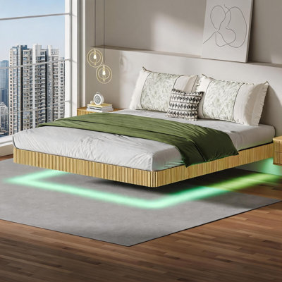Cadre de lit flottant moderne en panneau de fibres à densité moyenne et en acier avec lumières DEL, lattes en métal robustes, aucun sommier requis