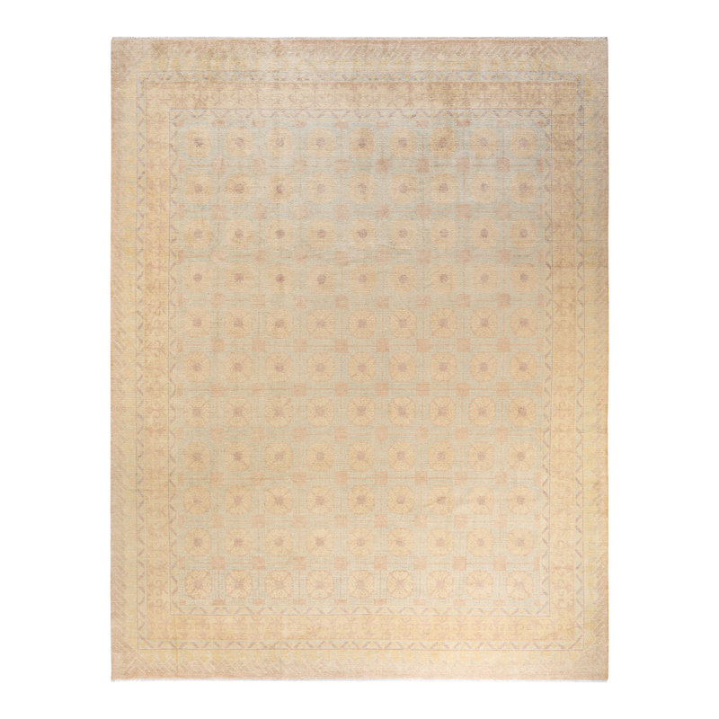 Tapis ivoire en laine noué à la main de conception unique 9 pi 9 po x 12 pi 8 po New Age