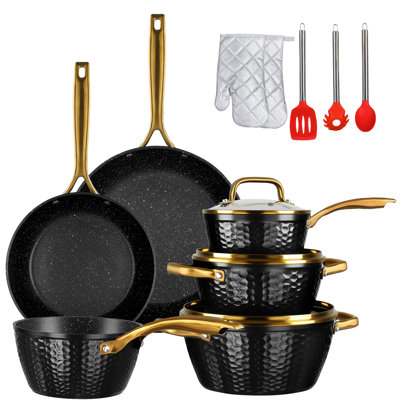 15-Piece Pots And Pans Set Nonstick, Aluminum Nonstick Ceramic Cookware Set With Lids, Induction, Oven, Gas, Stovetops Compatible For Family Meals - Black&Gold