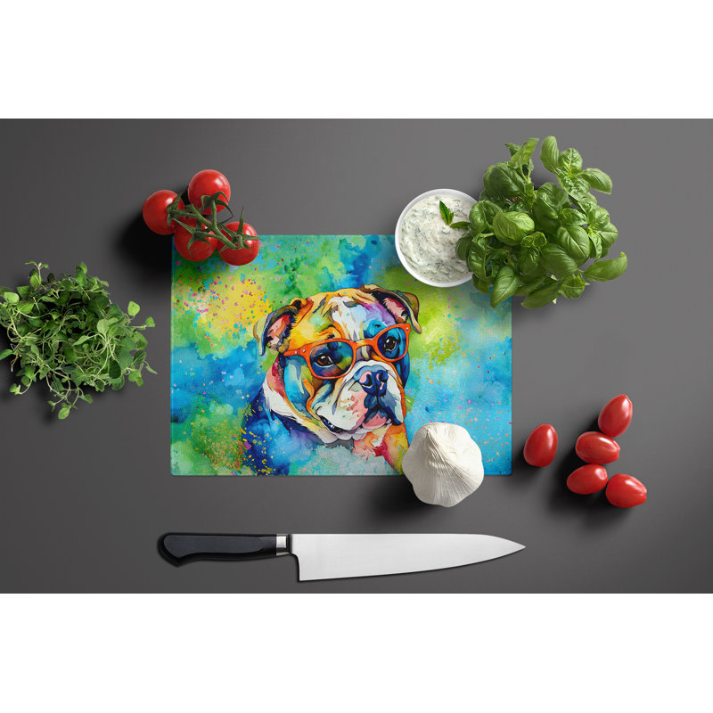 English Bulldog Hippie Dawg Glass Cutting Board Large